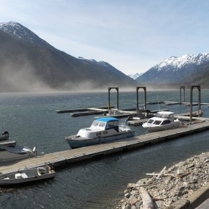 Pulled into Stehekin under gale force winds. The cloud is dust and sand blown off of the spit at the mouth of the Stehekin River.  Restaurant closed, lodge closed, store closed.  Too early in the season.