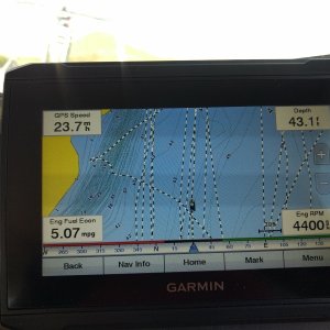 A shot of Desert Dory's best "at speed" cruise speed.

When conditions allow, I've found this to be the most economical "fast cruise". Slower, around 18 mph, gets me around 4 mpg. This was the case on our Powell trip too.

We almost hit the 100 hour mark (98 hours) on our engine on this trip too. 38 hours on it when we bought it almost a year ago.