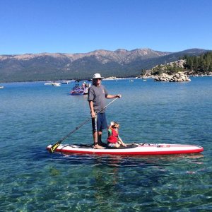 Jake and Daddy testing the new inflatable paddle board
