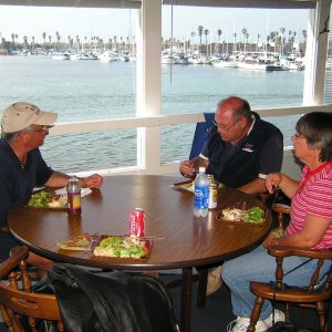 Chris (Rana Verde), Joel and Susan (SEA3PO) enjoying the meal and view from the Anacapa Yacht Club.