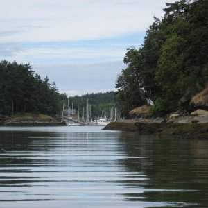 south entrance to Silva Bay almost high tide 12 feet in cut hug right