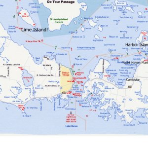 Media 'Chart of area where pics were taken. Check out Mark's (Not-for-Hire) photos for other great shots of this area. Lime Island is a wonderful spot to spend time on to explore and fish.' in album 'Rental Cabin, Drummond Island Resort and Conference Center. Resort built and previously owned by Tom Monihan of Domino's Pizza. A very nice spot'
