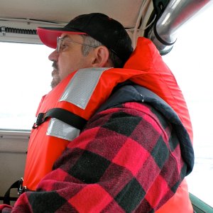 Media 'Brian at the helm in Fritz Cove on Labor Day' in album 'View of Mendenhall Glacier from Fritz Cove (North Douglas boat ramp).'