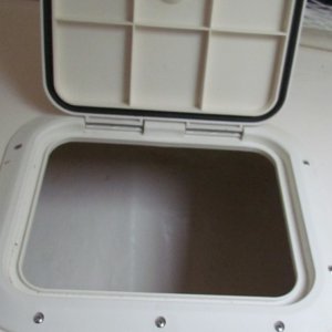 factory installed storage hatch under the v berth