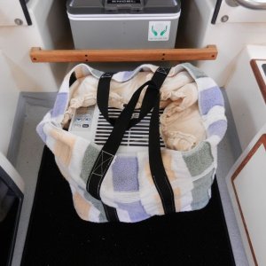 Lisa also made a great stow bag with a semi-rigid rubberized bottom for schlepping the thing around the boat.