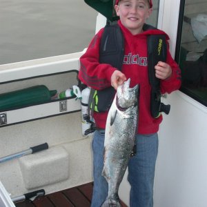 Possession Pt Blackmouth 11-9-08.  Caught on Green glow hotspot and green spatterback coho killer spoon.  120' down, just bounced bottom.