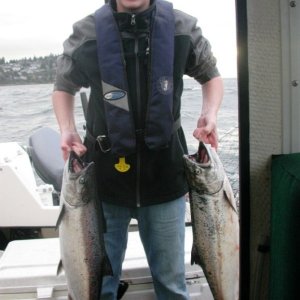 Meadow PT 11-28-08.  one caught on a coho killer spoon, 160' of cable on hot spot glow flasher.  The other on a coyote spoon, green and white glow, 95' of cable on a uv flasher