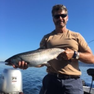 10 lb coho North of Meadow Pt.  85' on the down rigger.  A bigger one broke off parker @ 75'.  retied with new 40' test ande.