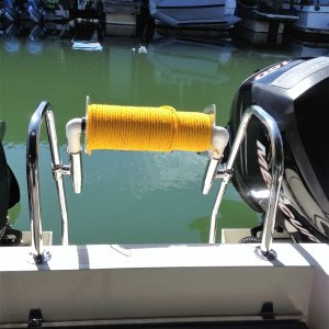 Using fishing pole mounts for custom stern Line roller allows you to store roller out of the way when not fishing