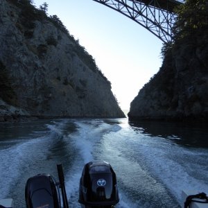 Exiting Canoe Pass to the outside, under Deception Pass bridge.