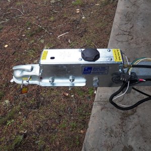 New disc brake actuator.  I had to drill new holes because the tongue was shortened.  The wiring is still 4-prong and the reverse lockout solenoid wire has no place to connect until I replace the socket with a 7-pin.