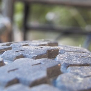 Here is a close-up of the uneven wear on the 13 inch special "trailer tire" with about 2,500 miles on it.  My new all season High Load tires have over 6,000 miles and show no wear.