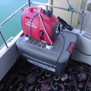 All bungeed down and ready to run on box. Will normally be used on swimstep where carbon monoxide is less likely to get back into cabin. I have a  CO alarm in my cabin.