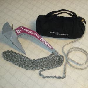 Delta Fastset 14 lb anchor with 15 feet of G-4 High Test galvanized chain, 150 feet of  1/2" three-strand nylon rope, and canvas rode bag.