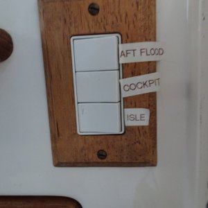 Lighting for aft spreader flood light--cockpit and behind the boat, cockpit LED lights, and Aisle lighting inside with white LED's under the fiberglass kick space.