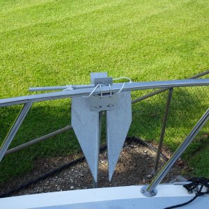 secondary bow anchor Fortress FX11 in holder with light line as back up.  Use either 200 feet of secondary 1/2" 3 strand, or 200 feet of 3/8" 3 strand nylon