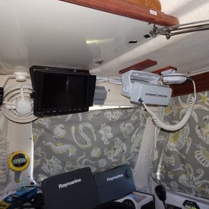SH radio, monitor, RayMarine 9" and 7" monitors (GPS, Chart, Data, Radar, and Sonar, include down scan and CHIRP.  Silva hand bearing compass is also steering compass