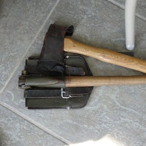 hatchet and German army trench shovel and pick--more robust than USA model.
