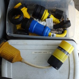 Electrical adapters including 120 volt 50 amp to 30 amp, and 240 volt 50 amp to 30 amps.