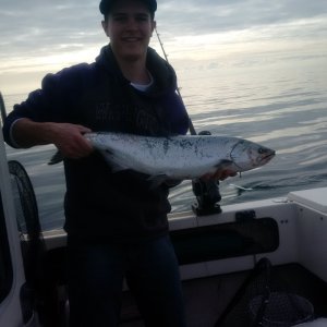 Salmon banks 27" blackmouth 1-28-17.  South side in 85' of water.  green hootchie ~ 65' wire.  Also lost a double with a line peeler.