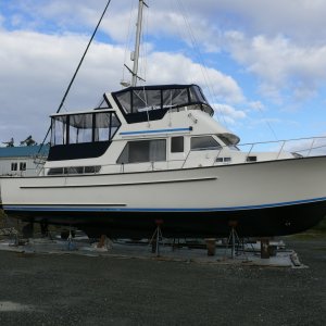 Bessie 45 after addition of canvas, radar arch and hardtop
