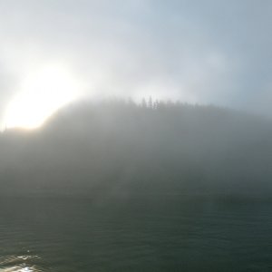 Media 'Sun burning off fog at outer entrance to Hoonah.' in album 'Approaching Hoonah Trading Co fuel dock'