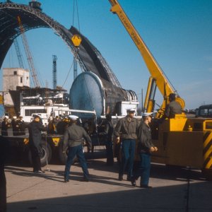 Media '(March is best guess) 1966 - NAS So Weymouth, Mass Blimp Hanger dismantling with space capsule, Gemini, after retrieval being loaded for shipment.' in album 'June 1966 - NAS So Weymouth, Mass Blimp Hanger dismantling viewed before collapse -4'