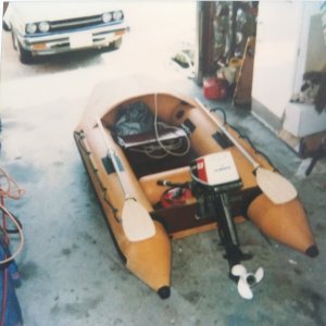 Boat #1  (1989-1991): 1980 RIS 9 with a 1976 Johnson 15hp (with 9.9 decals to make it "legal").