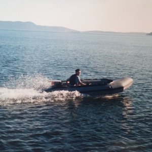 Boat #2 (1991-1993): 1982 Achilles SR-132, running here with 15 hp Johnson on the west side of Lummi Island running from Squalicum Harbor to Sucia. Later, with the 30 hp I would run this boat all over the San Juans.