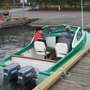 Media 'Boat #8 (2004-2008?): 1956 Bell Boy 16 at Coulon Park in 2006, with twin 25 Yamahas.' in album 'Boat #1  (1989-1991): 1980 RIS 9 with a 1976 Johnson 15hp (with 9.9 decals to make it "legal").'