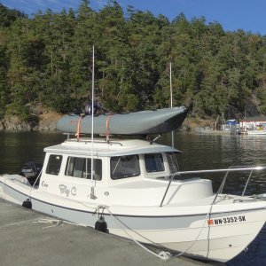 Media 'Boat #17 (2017-2019): 2017 KaBoat 12ft with Suzuki 2.5hp. Worked well on top of the cabin.' in album 'Boat #1  (1989-1991): 1980 RIS 9 with a 1976 Johnson 15hp (with 9.9 decals to make it "legal").'