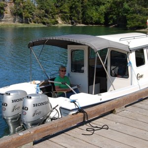Mary Ellen relaxing after lunch at Jerolds Cove, WA.