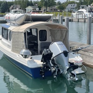 Port aft cooking with induction plate or grill, trash barrel on swim ladder