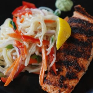 Vietnamese salad and grilled salmon.  High class cuisine on Reef Madness.