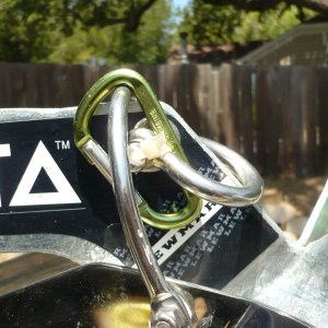 Safety Trailering clasp closeup. Second shackle can be moved up to the top to secure around the swivel for overnighting.
