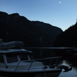Early morning moon at Princess Louisa Inlet