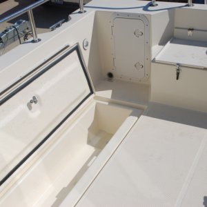 Our new 2009 Tomcat 255 "Destiny" at Wefings Marine in Eastpoint, Florida September 2009 - cockpit with fishing well open