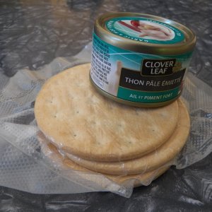 A boater's lunch.  Pilot bread and tuna.  The little cans are only available in Canada and have a "best by" date about two year's out.  No can opener needed.  Pilot bread is "good" for decades.