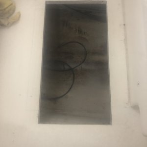 New Hole for access hatch to New Battery Location. Predrilled oversize Holes for access hatch hold down and filled with Epoxy as well as edges from cut opening