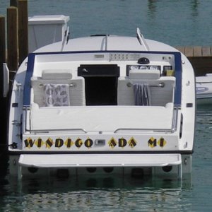 Media 'Heavy stern:  Twin Merc 502 cu in MPIs
Underway, most never get this close.' in album 'Atlantic 42 catamaran: corecell foam sandwiches left and center (light as a feather)
Saber 28 Offshore transom plug, "Windigo": on right,
transom has five layers vinyl ester FG / balsa / vinyl ester FG / marine plywood / vinyl ester FG (built like a tank).'