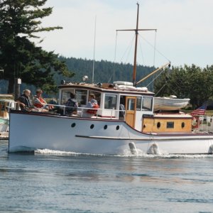 Media 'Classic Yacht motoring out of Fishermens Bay, Lopez Island' in album 'Dee 8th anniversary dinner, Islander Cafe, Lopez Island'