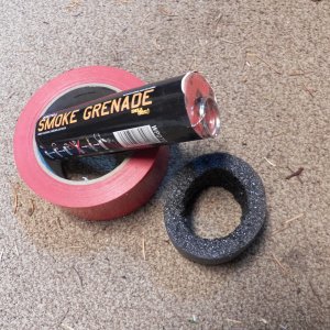 These flares are about $5 at paint ball gun places.  Warrior wannabes use them to obscure themselves from the "enemy."  You can see what they do on YouTube. These put out an amount of smoke that seems to be right between the $20 hand-held "boating" flares and the $50 floating flares.