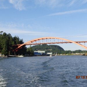 The sun is hitting on the other side of the bridge as we exit LacConner and head north towards Bellingham