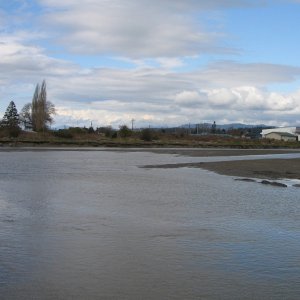 Media 'Junction of Stilly and South Pass, looking north.  Large white building is Twin City Foods in Stanwood.' in album 'Stillaguamish River (Stilly) at SR 532 bridge, between Stanwood and Camano Island, looking west.  Tide at about +2 ft., actual depth unknown.'