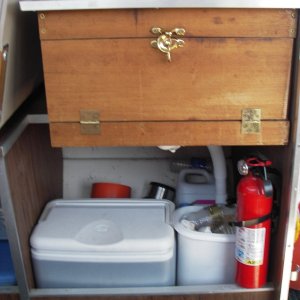 Media 'Galley showing front view and under it' in album 'Helm with GPS, Compass, and depth finder. Very simple'