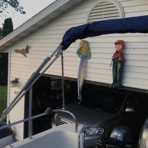 Media 'Here the bimini is in the back position.  Just a storage position when on the water and no need for the bimini to be opened up.' in album 'New bimini getting made.  Just some of the frame work.'
