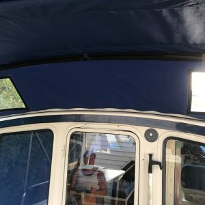 Media 'View from the inside looking forward with the front window skirt on.' in album 'New bimini getting made.  Just some of the frame work.'