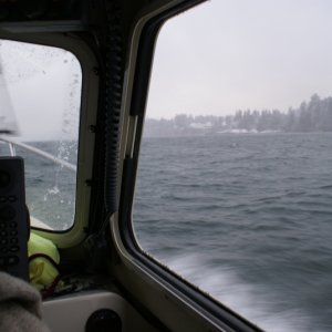 Winter Boating 026 - Budd Bay heading North, snow arriving