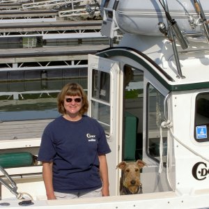 Marcia and Boomer getting ready to head for the Canadian side of Lake Erie