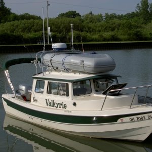 Valkyrie / Middle Bass Island, Lake Erie.  The Honda 2 HP is under the inflatable, tied to the handrails.
